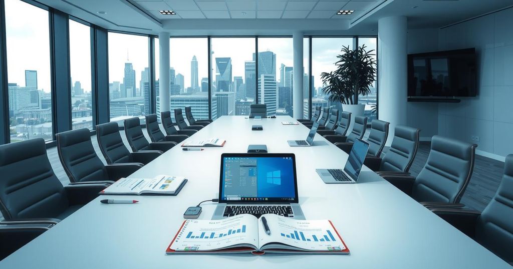 An overview of a corporate meeting room with a conference table, charts, and laptops reflecting business discussions.