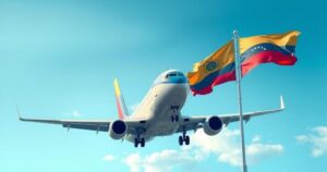 Venezuelan plane landing with flags, representing freedom and diplomacy.