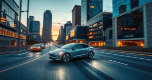 A dynamic electric vehicle on a highway, showcasing innovative Chinese automotive technology in a vibrant cityscape.