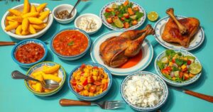 Colorful culinary spread showcasing traditional Peruvian dishes with vibrant ingredients and bold flavors.