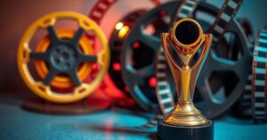 Cinematic award trophy on a film reel background with vibrant colors representing cultural storytelling.