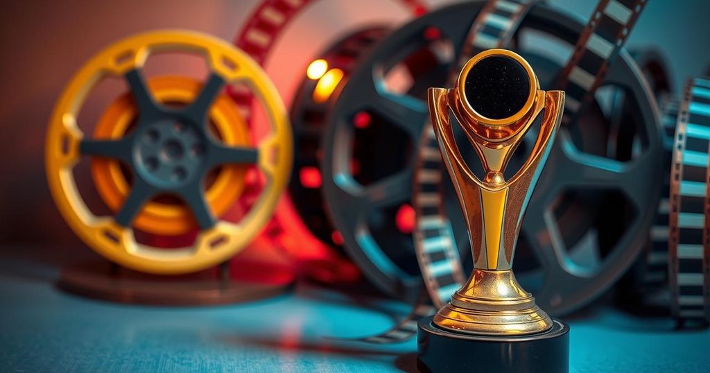 Cinematic award trophy on a film reel background with vibrant colors representing cultural storytelling.