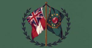 Military cooperation depicted through two flags and symbols, representing alliance and support between nations.