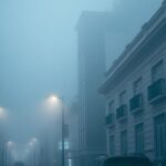 Fog-covered streets in Buenos Aires with blurred architecture, creating a mystical urban atmosphere.