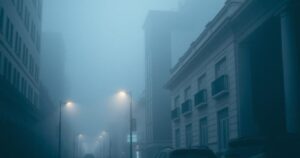Fog-covered streets in Buenos Aires with blurred architecture, creating a mystical urban atmosphere.