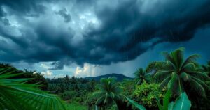 Cloudy skies with dark storm clouds forming and heavy rain falling over lush tropical landscape in the Philippines.