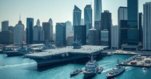 A majestic aircraft carrier and multiple naval ships docked in a vibrant Hong Kong harbor under a clear sky.