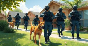 Trinidad police officers conducting an operation with canine units in a residential area under bright daylight.