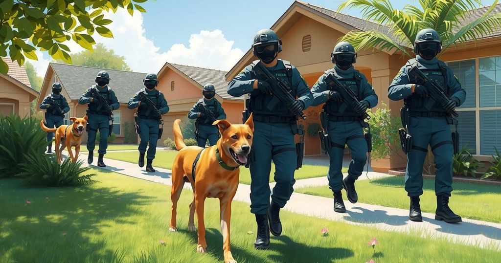 Trinidad police officers conducting an operation with canine units in a residential area under bright daylight.