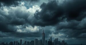 Skyline of a city with dark clouds and a storm brewing over buildings, representing tension and conflict.