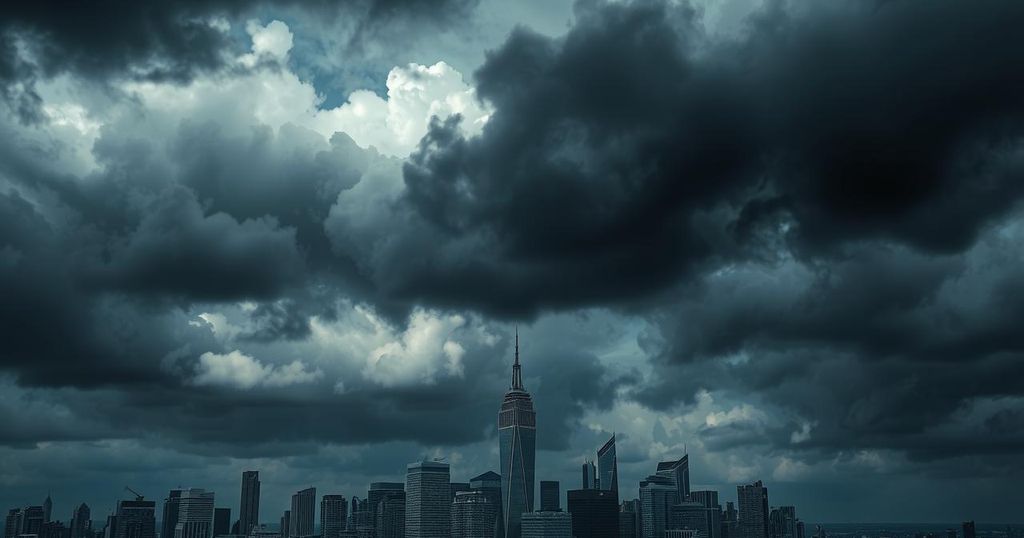 Skyline of a city with dark clouds and a storm brewing over buildings, representing tension and conflict.
