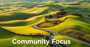 Campaign poster showcasing a rural landscape with rolling fields and roads, emphasizing community and growth.