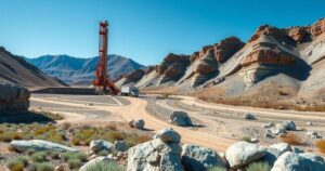Uranium drilling site in Namibia with mineral-rich rocks and equipment under bright blue skies.