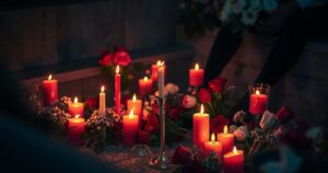A somber night scene with candles and flowers at a memorial site, signifying loss and remembrance in Nairobi.