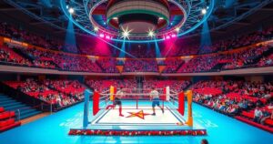 Arena in Montevideo, Uruguay featuring vibrant colors, a boxing ring, and festive atmosphere, inspired by realism.