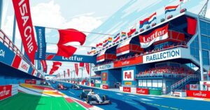 FIA election announcement with motorsport theme and vibrant colors showcasing enthusiasm and competition.