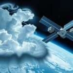 A satellite in orbit capturing images of swirling storm clouds with a dark blue and grey color scheme.