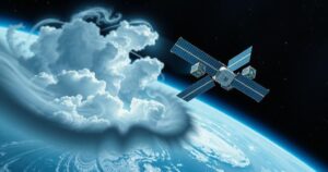 A satellite in orbit capturing images of swirling storm clouds with a dark blue and grey color scheme.