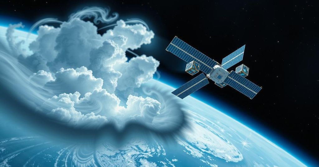 A satellite in orbit capturing images of swirling storm clouds with a dark blue and grey color scheme.