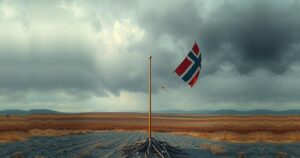 A somber landscape with a solitary flag, muted colors and a cloudy sky, invoking themes of loss and remembrance.