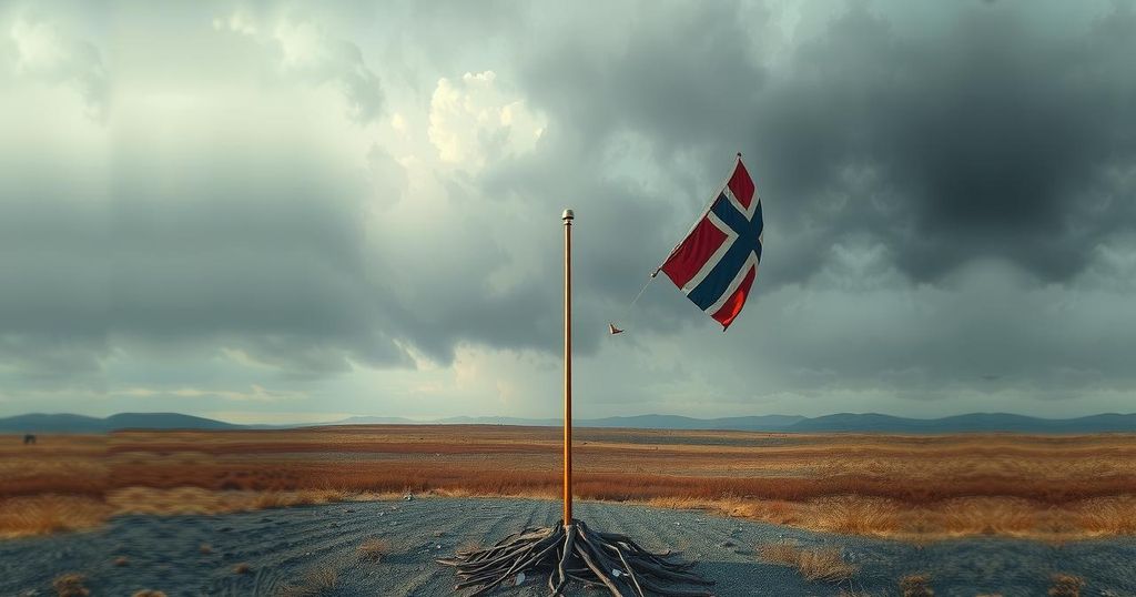 A somber landscape with a solitary flag, muted colors and a cloudy sky, invoking themes of loss and remembrance.
