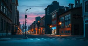 An empty urban street during a curfew, with street lamps illuminating the quiet scene in soft hues of blue and yellow.