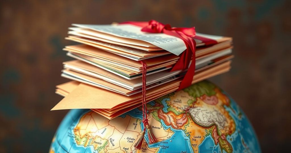 A representation of international correspondence, featuring letters and a globe, emphasizing diplomacy efforts.