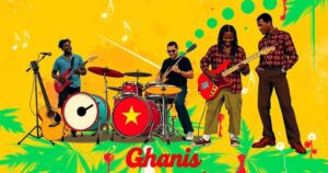 A vibrant music scene depicting Ghanaian highlife and afrobeats with colorful instruments and lively rhythms.