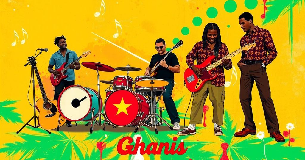 A vibrant music scene depicting Ghanaian highlife and afrobeats with colorful instruments and lively rhythms.