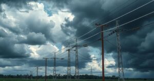 A storm-ready power grid with sturdy poles and wires against a stormy sky, representing storm preparedness.