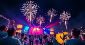 A vibrant festival scene with musical instruments, colorful lights, and fireworks illuminating the night sky.