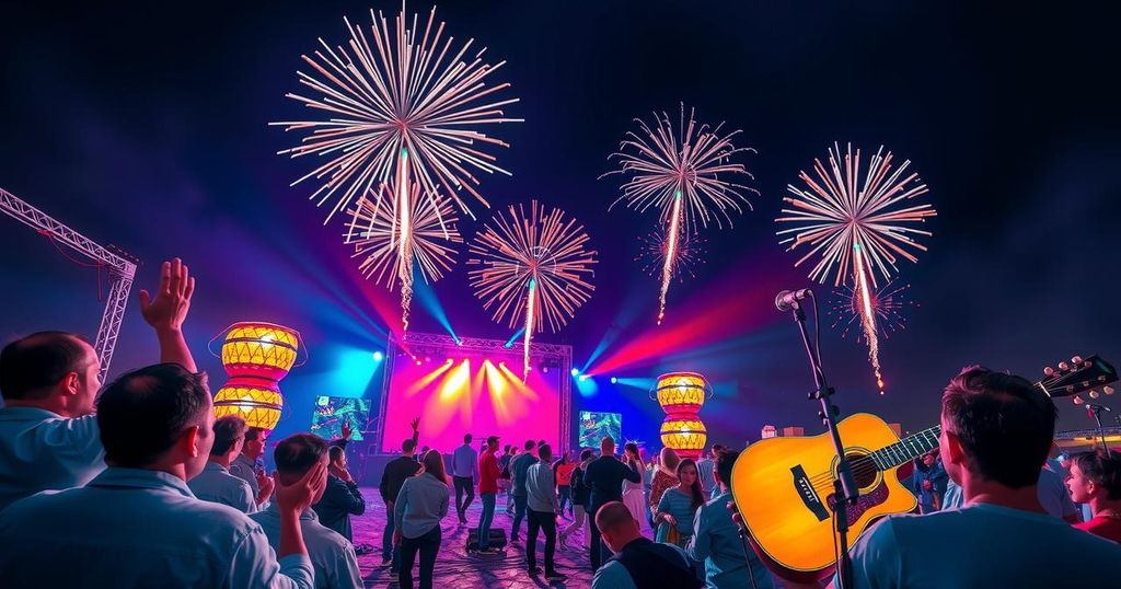 A vibrant festival scene with musical instruments, colorful lights, and fireworks illuminating the night sky.