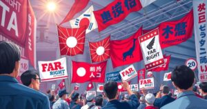 A political rally scene in Japan with campaign banners and symbols representing far-right ideologies and election themes.