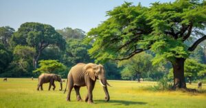 A tranquil scene of South Luangwa National Park, showcasing lush greenery and a peaceful elephant calf in nature.