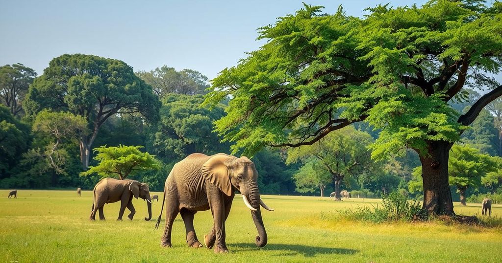 A tranquil scene of South Luangwa National Park, showcasing lush greenery and a peaceful elephant calf in nature.