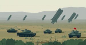 A military landscape with silhouettes of tanks and missile systems in a muted color palette representing strategic alliances.