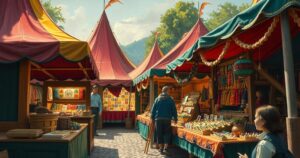 A vibrant Renaissance festival scene featuring colorful tents and artisan crafts in a sunny park setting.
