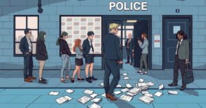 Illustration of a police station with concerned individuals and scattered papers, depicting a scholarship scam investigation.