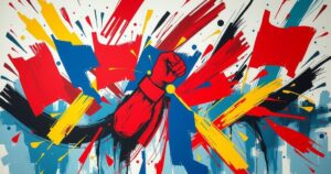 Abstract representation of political turmoil and economic impact with vivid color contrast and bold strokes.