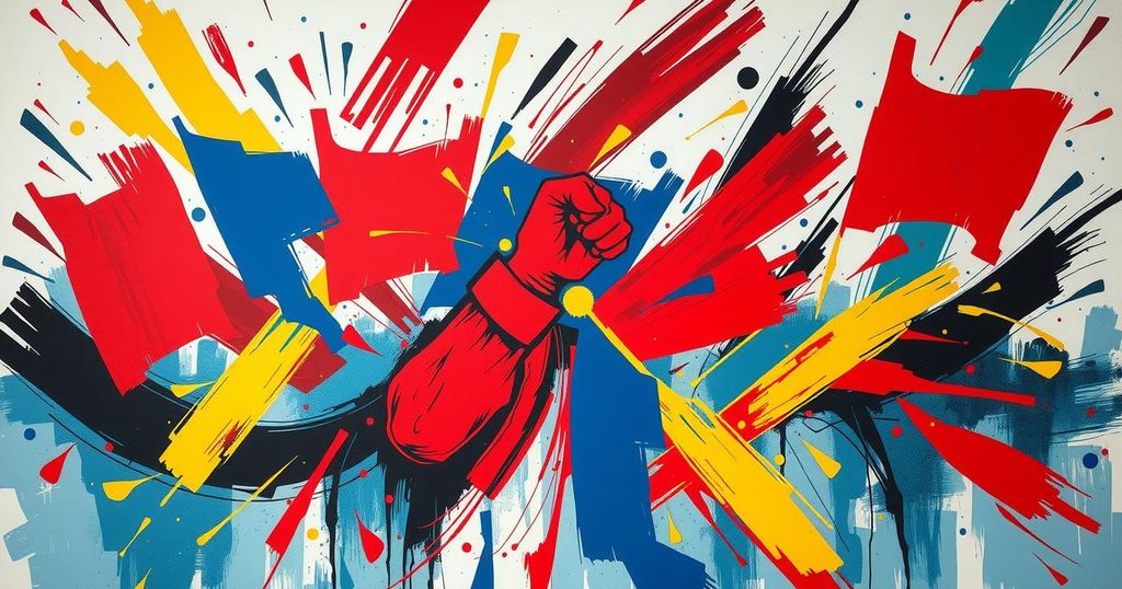 Abstract representation of political turmoil and economic impact with vivid color contrast and bold strokes.