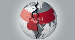 A symbol of geopolitical tension with a cracked globe showing Russia's diminished influence over its former territories.