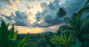 Tropical landscape with dark clouds approaching, vibrant greenery, and hints of sunlight breaking through.