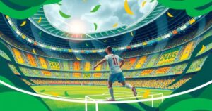 Vibrant soccer scene showcasing a stadium with national colors and energetic atmosphere during a match.