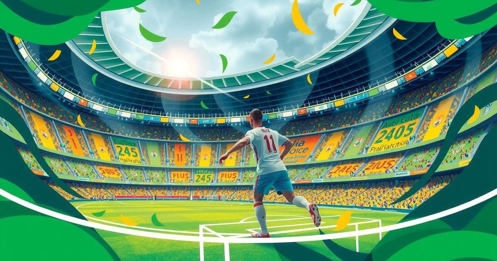 Vibrant soccer scene showcasing a stadium with national colors and energetic atmosphere during a match.