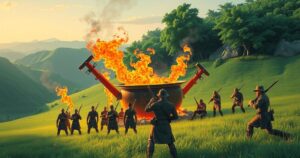 Kurdish fighters burning weapons in a cauldron surrounded by lush landscape, symbolizing peace effort and disarmament.