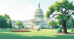 A serene landscape of the United States Capitol building surrounded by lush greenery under a clear blue sky.