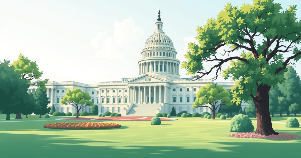 A serene landscape of the United States Capitol building surrounded by lush greenery under a clear blue sky.