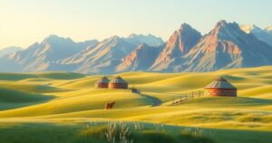 A serene landscape of Mongolia showcasing vast steppe, traditional yurts, and distant mountains under a soft pastel sky.