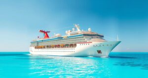 A vibrant cruise ship sailing through calm turquoise waters with a clear sky, symbolizing travel excitement.