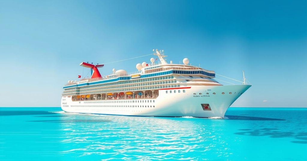 A vibrant cruise ship sailing through calm turquoise waters with a clear sky, symbolizing travel excitement.